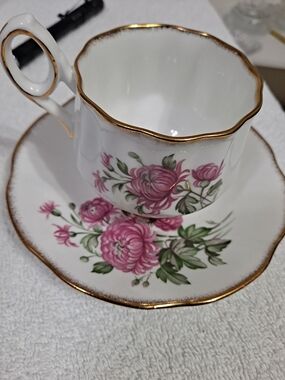 Elegant Teacup and Saucer with Pink Chrysanthemums  and Gold Trim